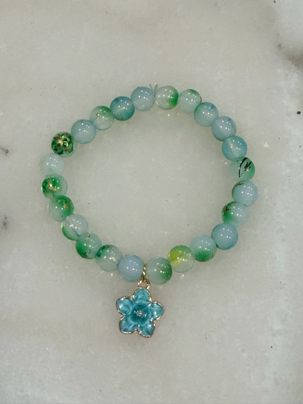 Green-Blue Beaded Flower Charm Stretch Bracelet